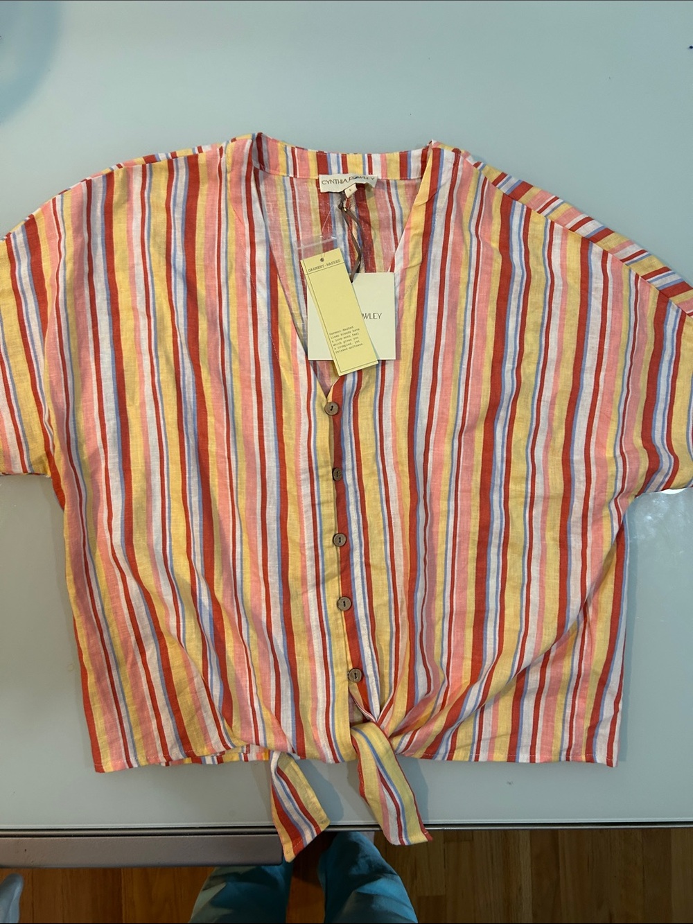 NWT Cynthia Rowley Striped Tie-Front Linen Top in Red, Yellow & Blue